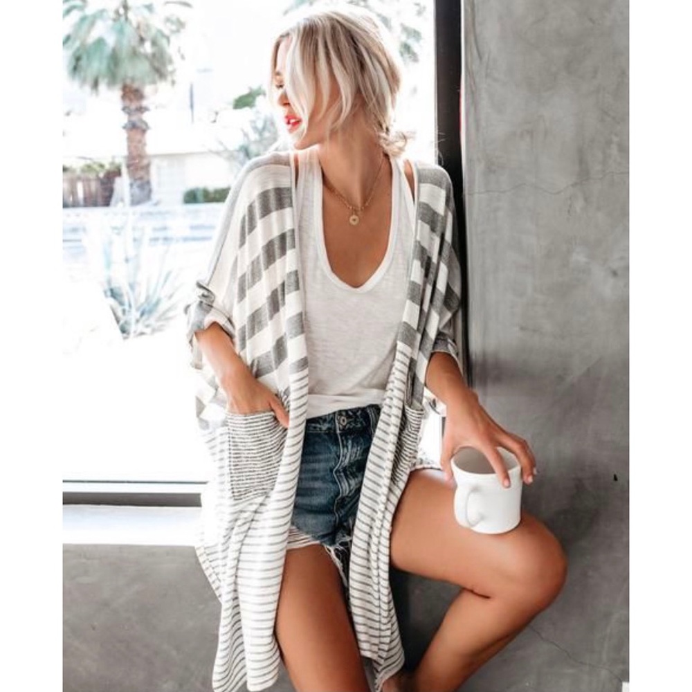 Vici Grey and White Striped Long Cardigan